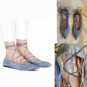 VALENTINO ROCKSTUD' CAGED LACE-UP SUEDE SKIMMER FLATS